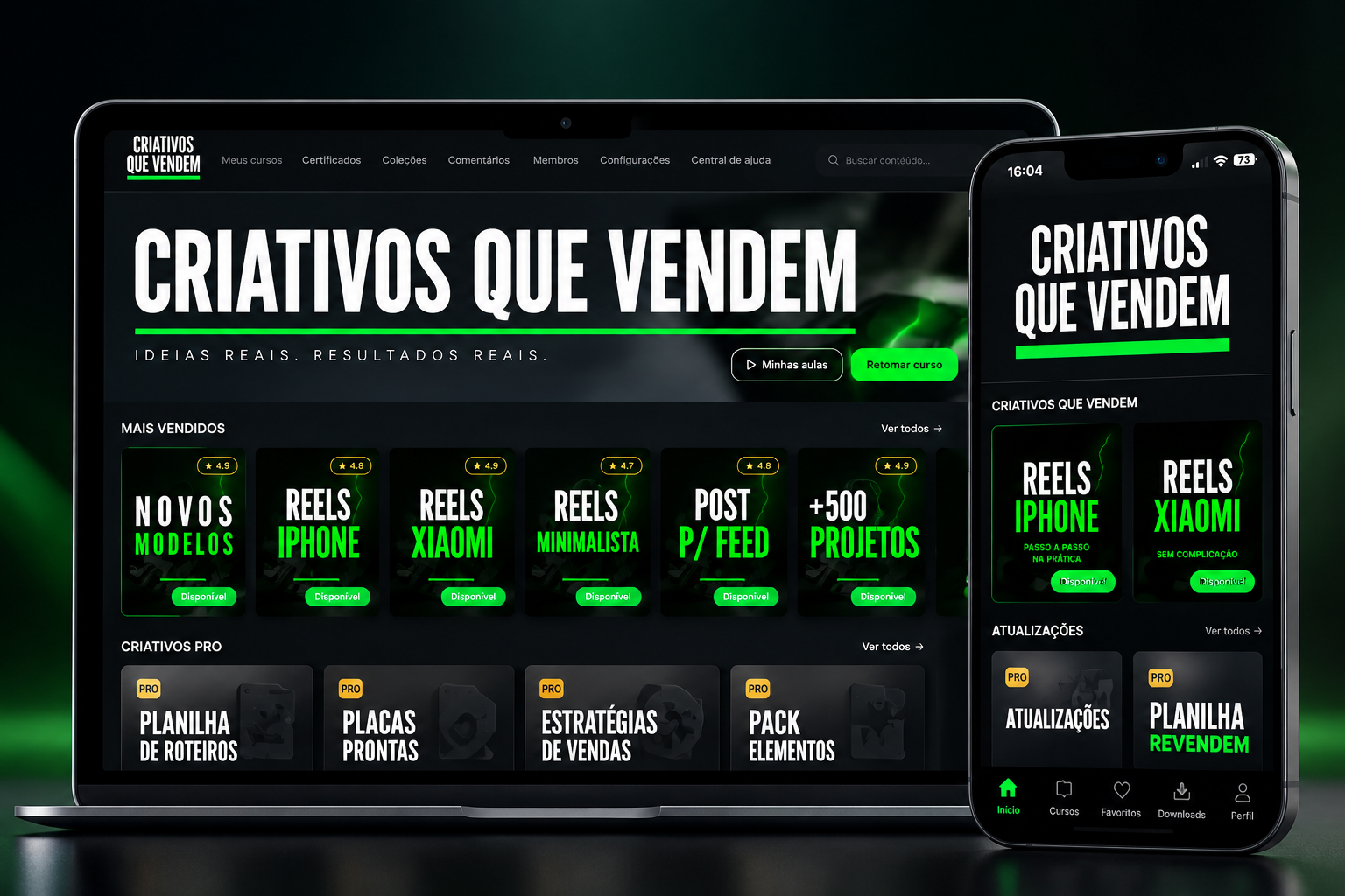 Plataforma Criativos que Vendem no computador e no celular, com categorias de Reels e posts